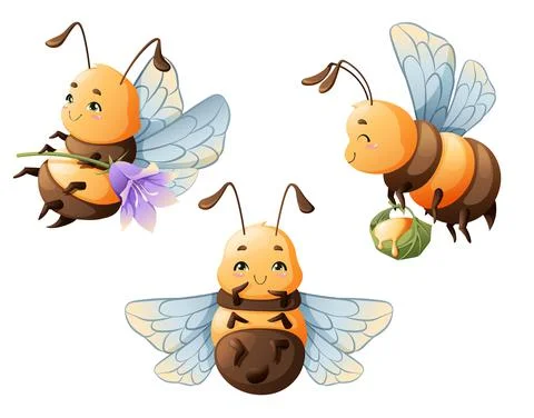 Set of cartoon flying bees. Cute insects with flower and honey. Children's ve Stock Illustration