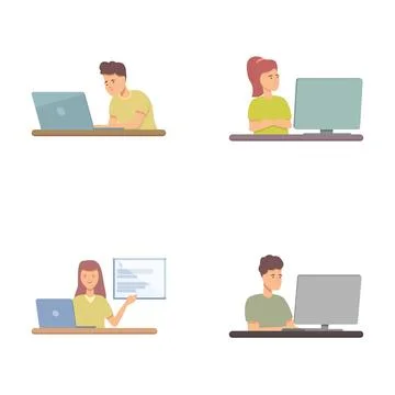 Set of cartoon freelancers using computers Stockillustratie