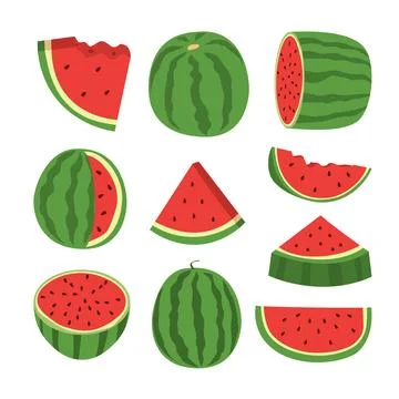 Set of Cartoon fresh green open watermelon half, slices and triangles. Red .. Stock Illustration