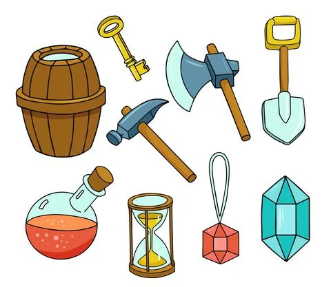 Set of Cartoon game elements on white. Vector barrel, golden key, hammer, axe 스톡 일러스트