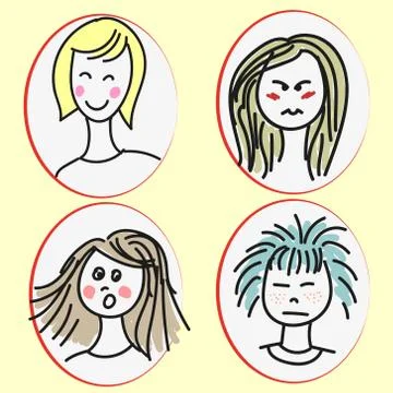 Set of cartoon girls faces with emotional expressions Stock Illustration