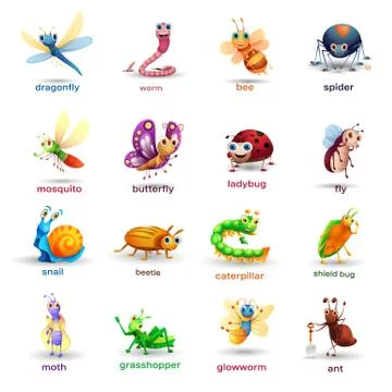 Set of cartoon insects characters. Stock Illustration