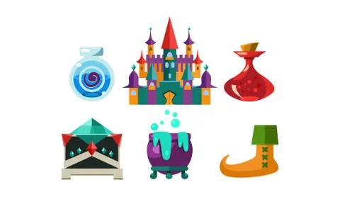 Set of cartoon magic objects. Bottles with elixir, big castle, cauldron with 스톡 일러스트