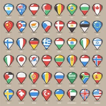 Set of cartoon map pointers with world states flags Stock Illustration