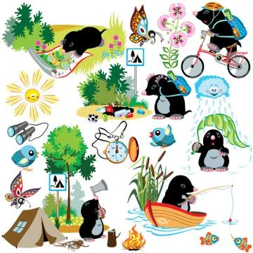 Set with cartoon mole in camping Stock Illustration