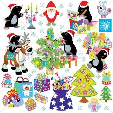 Set with cartoon mole prepare the house for christmas Stock Illustrationen