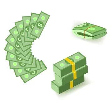 Set of cartoon money currency elements with packs and fan of green dollar paper Ilustración de archivo