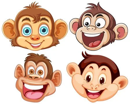 Set of Cartoon Monkey Faces with Expressive Smiles Stock Illustration