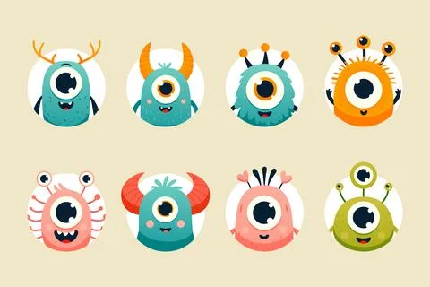 Set of cartoon monster avatars for web design, party decorations, prints on Stock Illustration