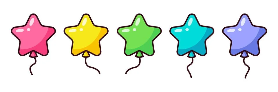 Set of cartoon multi-colored balloons. Balloons in the shape of stars. Illustrazione stock