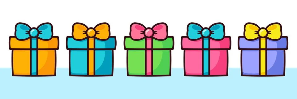 Set of cartoon multicolored gift boxes. Gift box with bow and ribbon. Stock Illustration