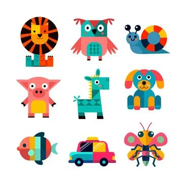 Set of cartoon objects made of geometric shapes isolated on white background Stock Illustration