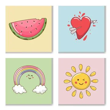 Set cartoon objects watermelon, heart, arrow,, rainbow and sun. Stock Illustration