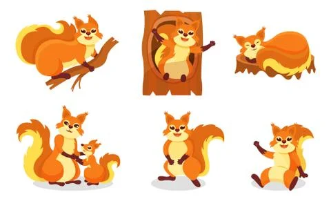 Set of cartoon orange squirrels. Vector illustration on a white background. Illustrazione stock
