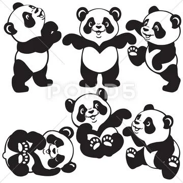 Set of cartoon panda black and white Stock Illustration
