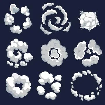 Set of cartoon pattern of smoke clouds. Bomb blast. Comic vector fog puff. Steam 스톡 일러스트