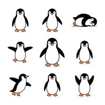 Set of cartoon penguins in various poses on white background Stock Illustration