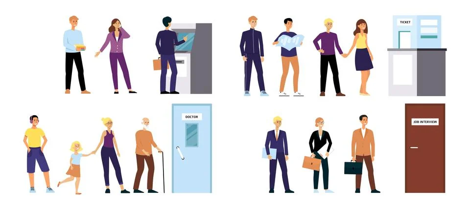 Set of cartoon people in queue for appointments, men and women standing in line Stock Illustration