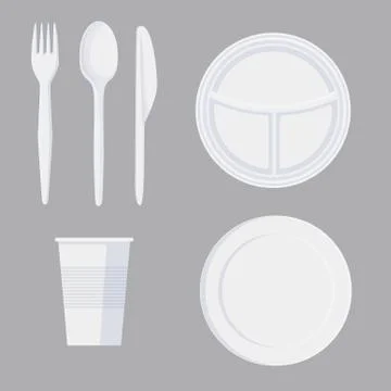 Set of cartoon plastic tableware in minimalist style isolated on white Stock Illustration