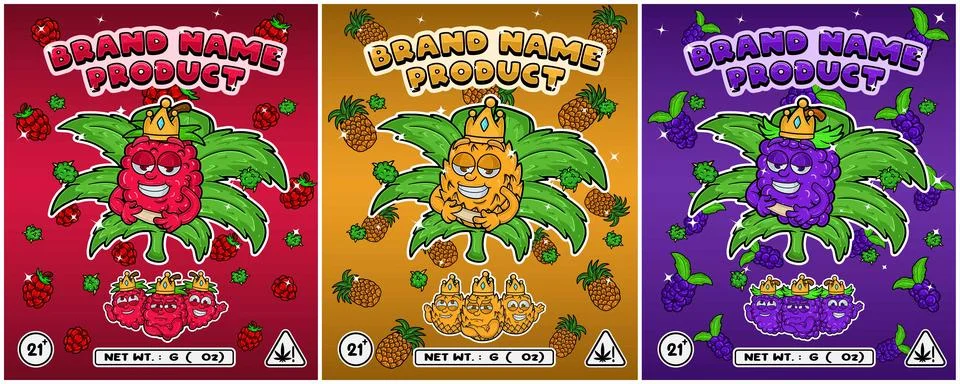 Set Cartoon of Raspberry, Pineapple and Grape fruit flavors with cannabis l.. Stock Illustration