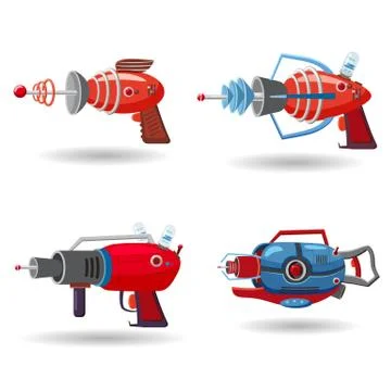 Set cartoon retro space blaster, ray gun, laser weapon. Vector illustration Stock Illustration