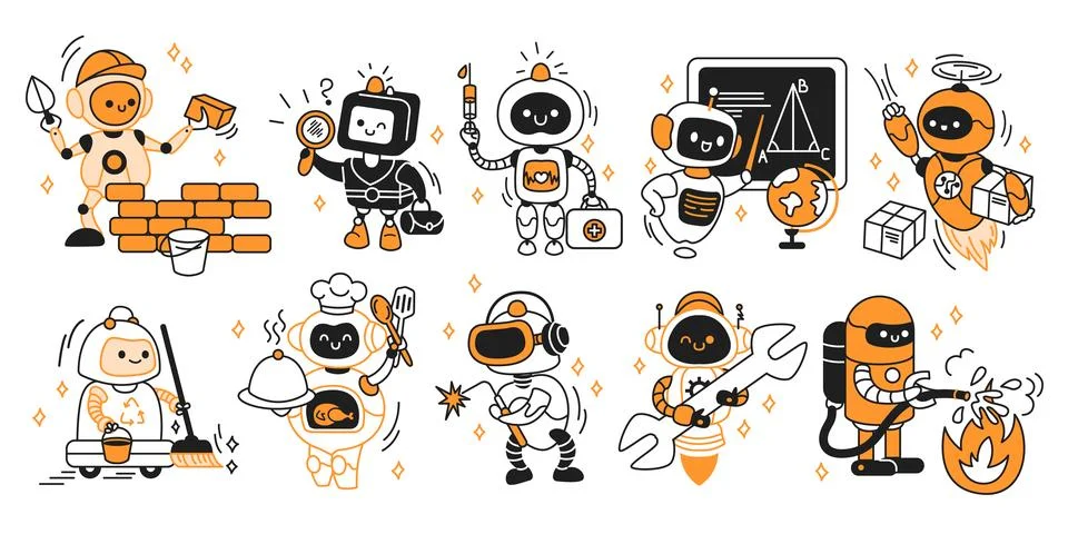 Set of Cartoon Robots in Various Professions Stock Illustration