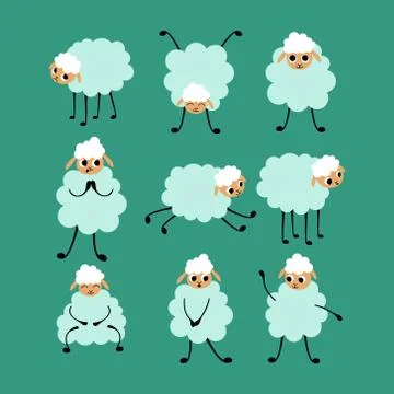 Set of cartoon sheep in different poses Stock Illustration