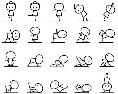 Set of Cartoon simple line charactor in variety action of Yoga exercise pose  Illustrazione stock