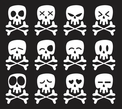 Set cartoon skull and bones icons. Different emotions, smile, angry and Stock Illustration