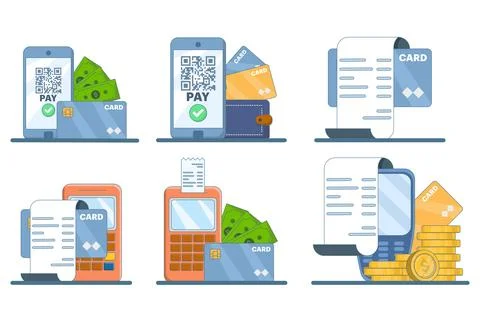 Set of cartoon smartphones with barcode payment apps and bank cards Stock Illustration