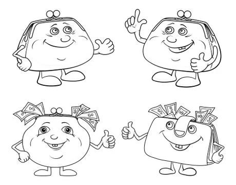 Set cartoon smiling purses outline Stock Illustration