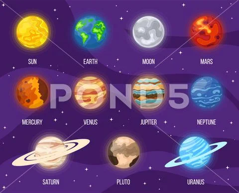 Set of cartoon solar system planets in space. Colorful universe with sun, moo Stock Illustration