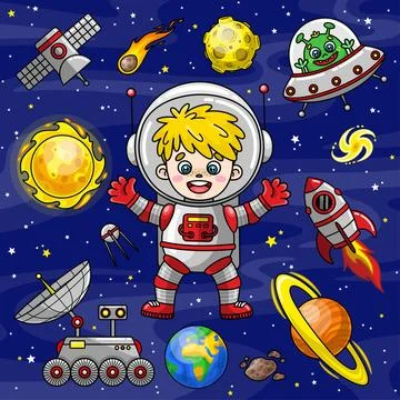 Set cartoon space elements and astronaut boy Stock Illustration