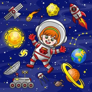 Set cartoon space elements and astronaut girl Stock Illustration