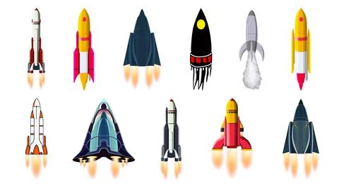 Set of cartoon space rockets with flame from nozzles isolated on white. Stock Illustration