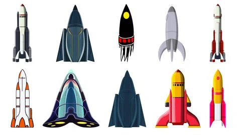 Set of cartoon space rockets isolated on white. Vector. Stock Illustration