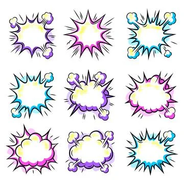 Set of cartoon speech bubble explosion. Pop art illustration in comic style. Illustrazione stock