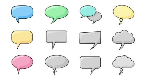 A set of cartoon speech bubbles in various colors and shapes Stock Illustration