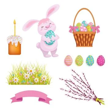 Set of cartoon style Easter decoration elements Stockillustratie