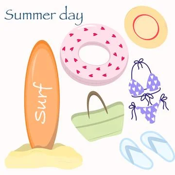 Set of Cartoon summer elements, travel, beach, summertime accessory. Surf desk Stock Illustration