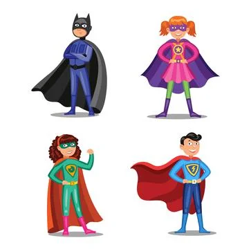 Set of cartoon super heroes. Boys and girls in superhero costumes. Children Stock Illustration
