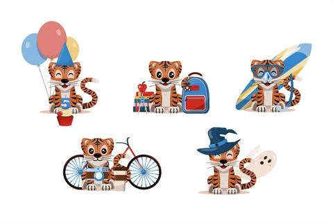 A set of cartoon tiger cubs. Vector illustrations for different holidays and Stock Illustration