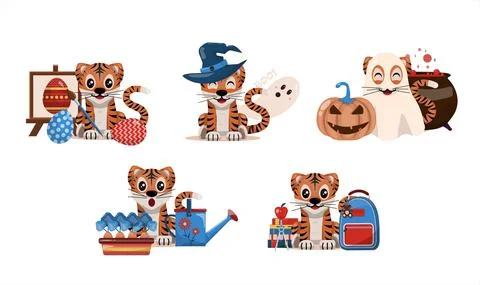 A set of cartoon tiger cubs. Vector illustrations for different holidays and Stock Illustration
