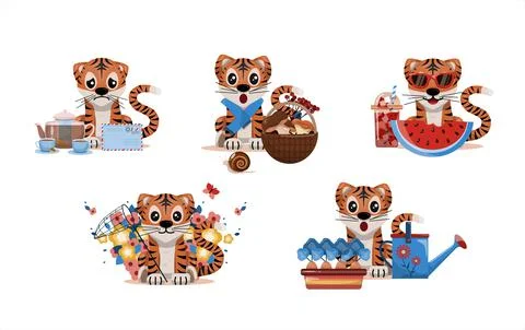A set of cartoon tiger cubs. Vector illustrations for different holidays and Stock Illustration