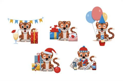 A set of cartoon tiger cubs. Vector illustrations for different holidays and Stock Illustration