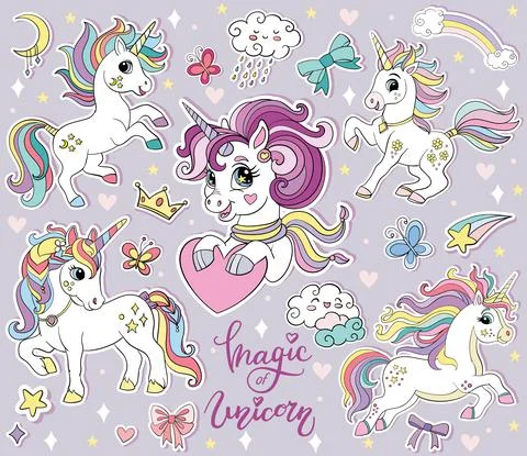 Set of cartoon unicorns vector illustration stickers Stock Illustration