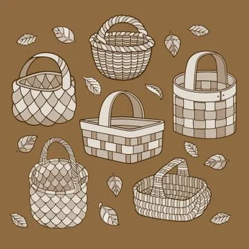 Set of cartoon vector hand drawn baskets Stock Illustration