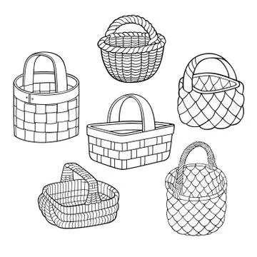 Set of cartoon vector hand drawn baskets 스톡 일러스트