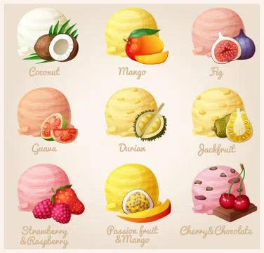 Set of cartoon vector icons. Coconut, mango, fig, guava, durian, jackfruit Stock Illustration