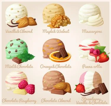 Set of cartoon vector icons. Ice cream scoops with different fruit and berry Illustrazione stock